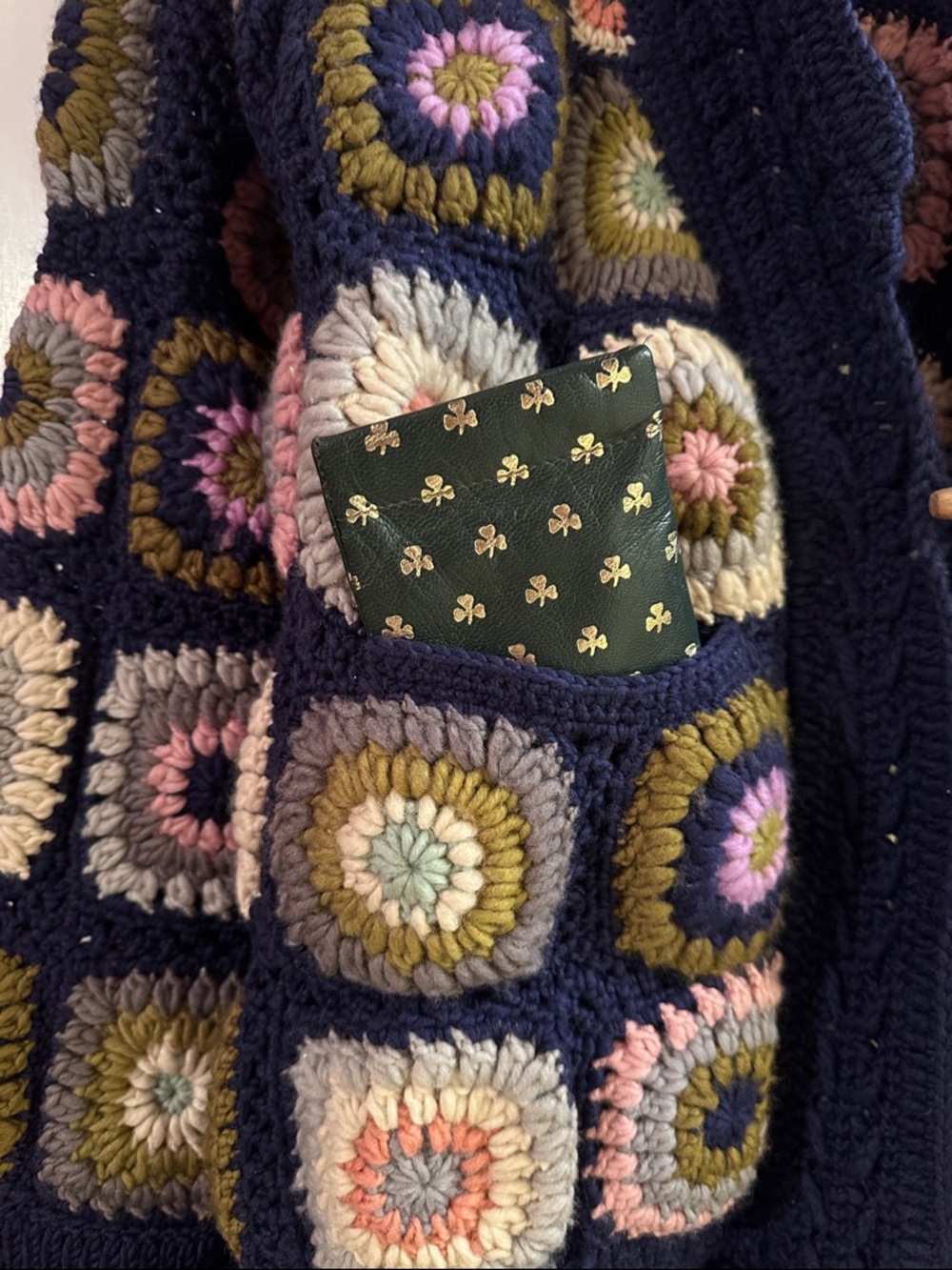 Sundance Navy Crochet Granny-Square Fringe Cardigan with Pink and Olive Accents - Picture 4 of 5